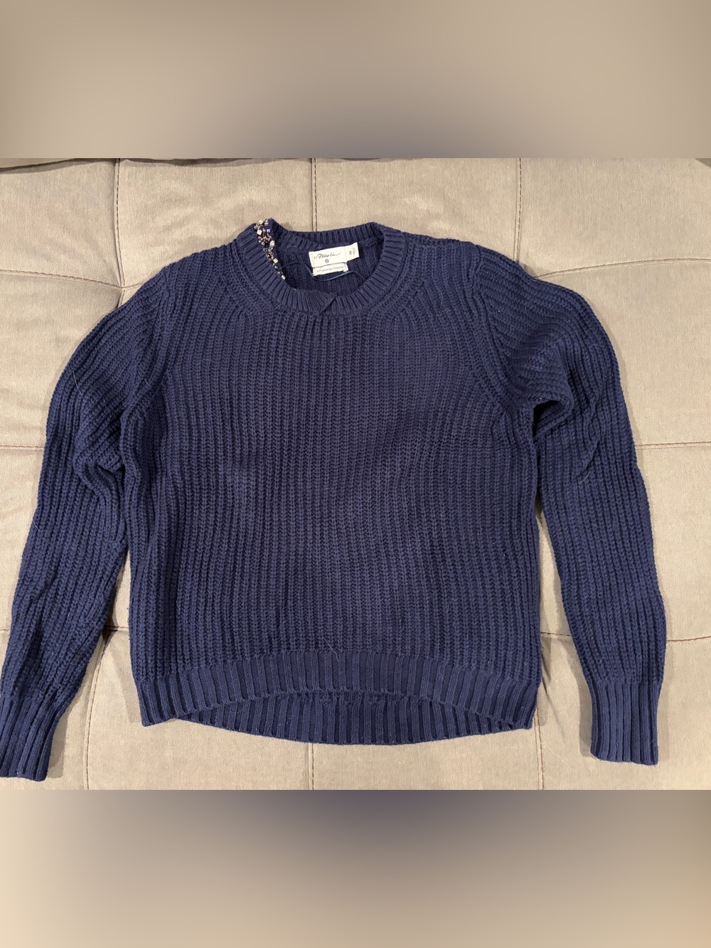 3.1 Phillip Lim Navy Beaded Ribbed Crewneck Sweater